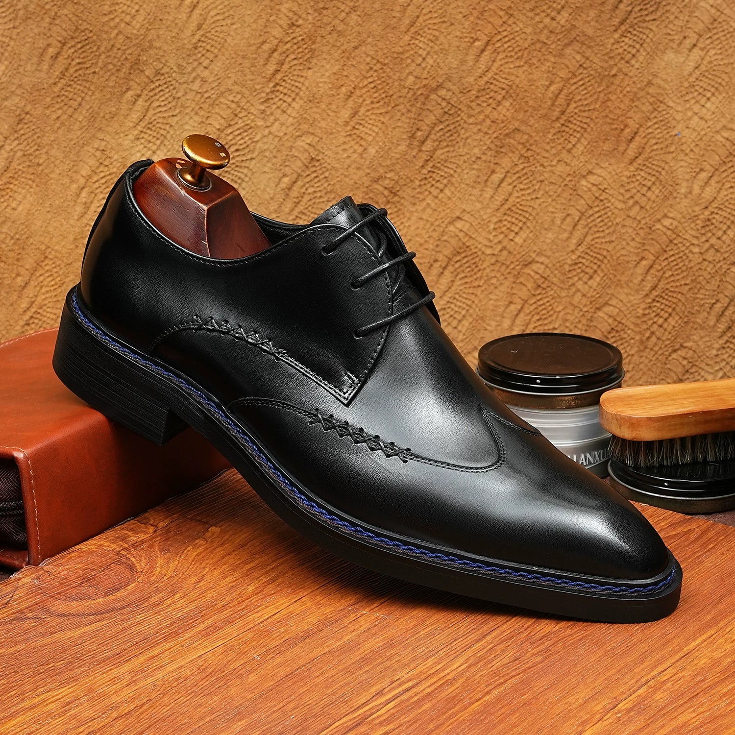Men's Black Genuine Leather Derby Shoes, Pointed Toe, Business