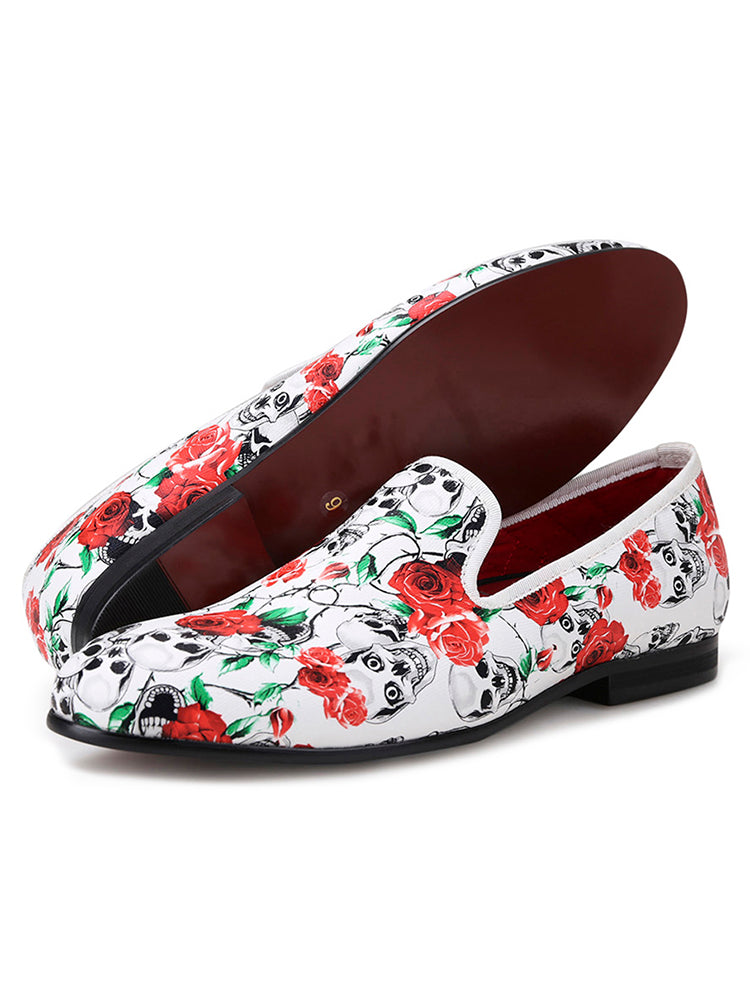 New skull mixed print white men's loafers European and American trendy banquet formal shoes single shoes for men