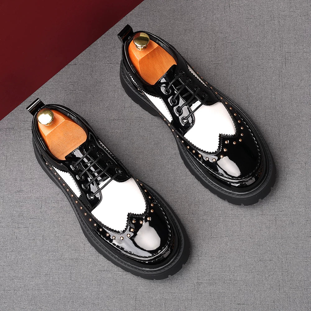 Men's Patent Leather Derby Shoes, Thick Sole, Round Toe