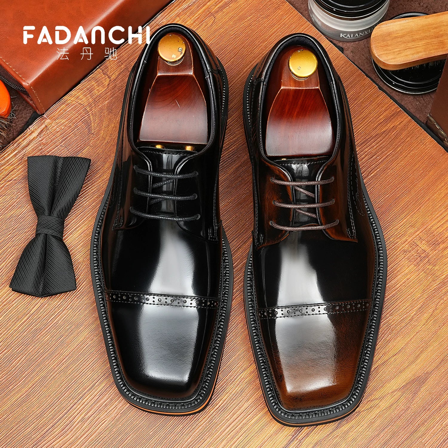 Men's Genuine Leather Derby Shoes, Square Toe, Glossy