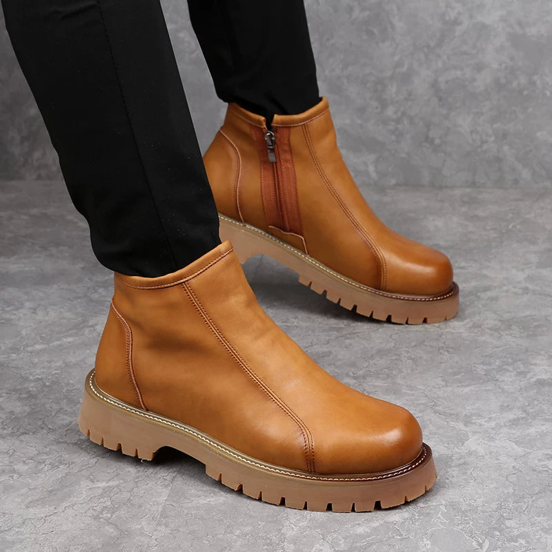 Men's Genuine Leather Martin Boots, Height Increasing, Soft Sole
