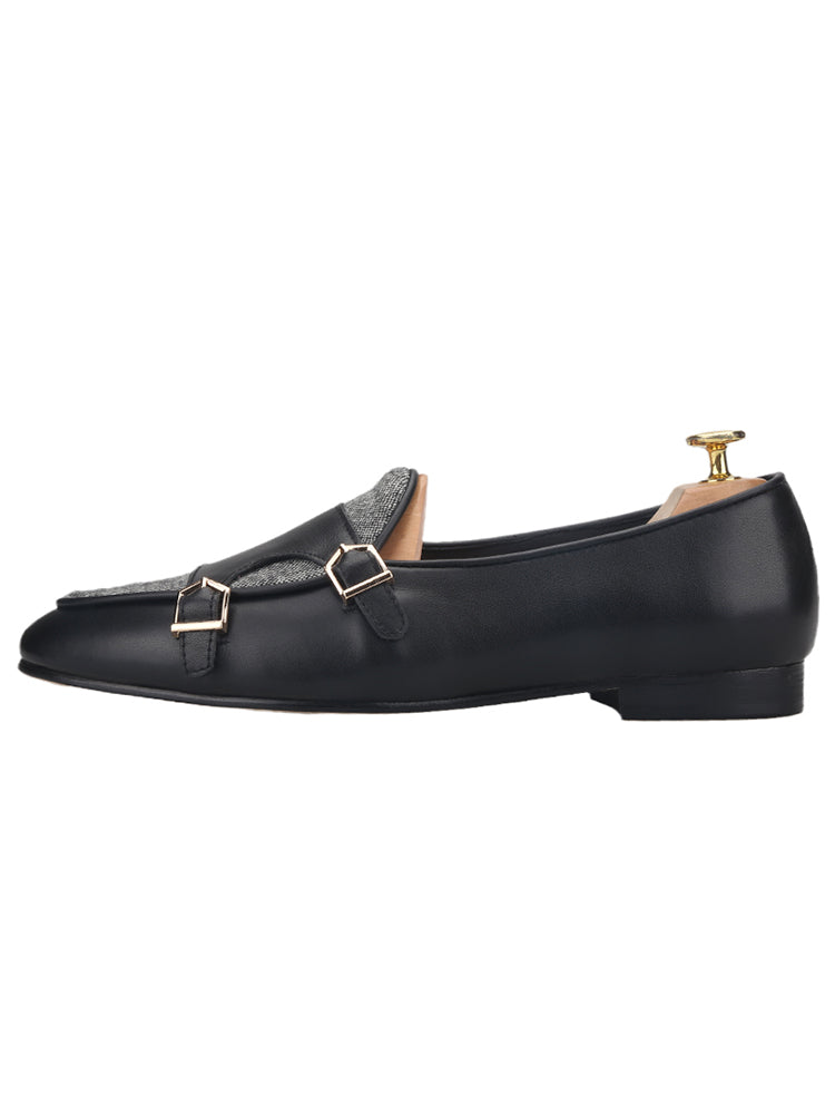 First-layer cowhide and gray sesame cloth men's slip-on loafers British style classic metal buckle smoking shoes