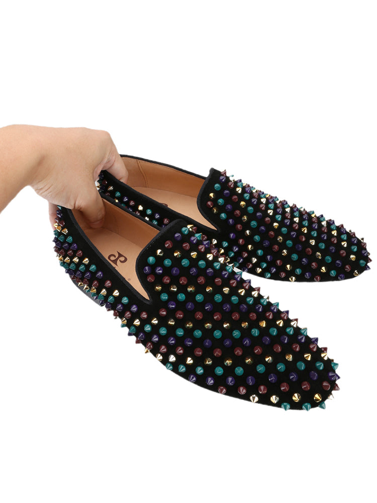New imported black nubuck leather multi-color rivet handmade loafers European and American fashion party style slip-on trendy shoes for men