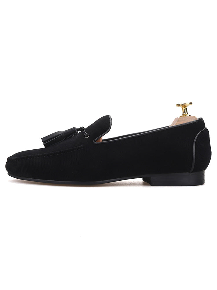 New star catwalk style black cotton leather tassel men's shoes British casual style loafers slip-on shoes