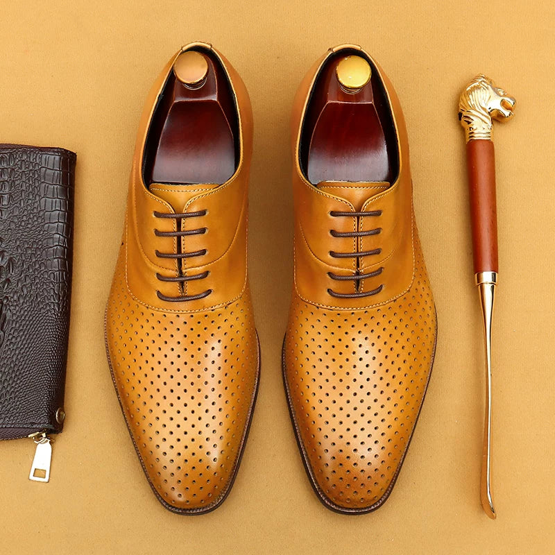 Men's Brown Genuine Leather Leather Shoes, Breathable, Cut-Out