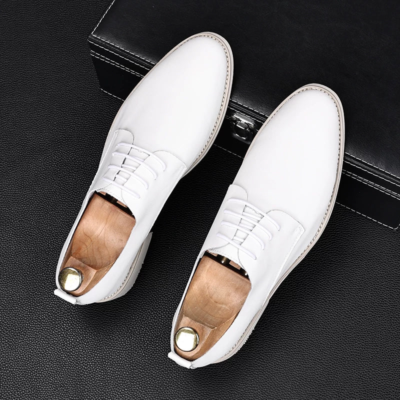 Men's White Genuine Leather Wedding Shoes, Height Increasing, Pointed Toe