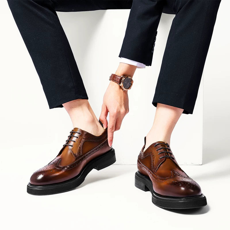 Men's Brown Genuine Leather Leather Shoes, Height Increasing, Thick Sole