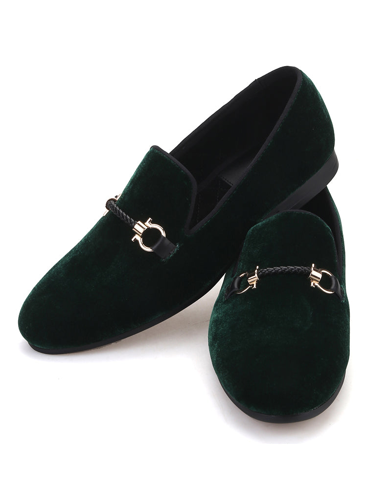 New dark green velvet loafers for men European and American style big-name metal buckle men's loafers slip-on casual shoes