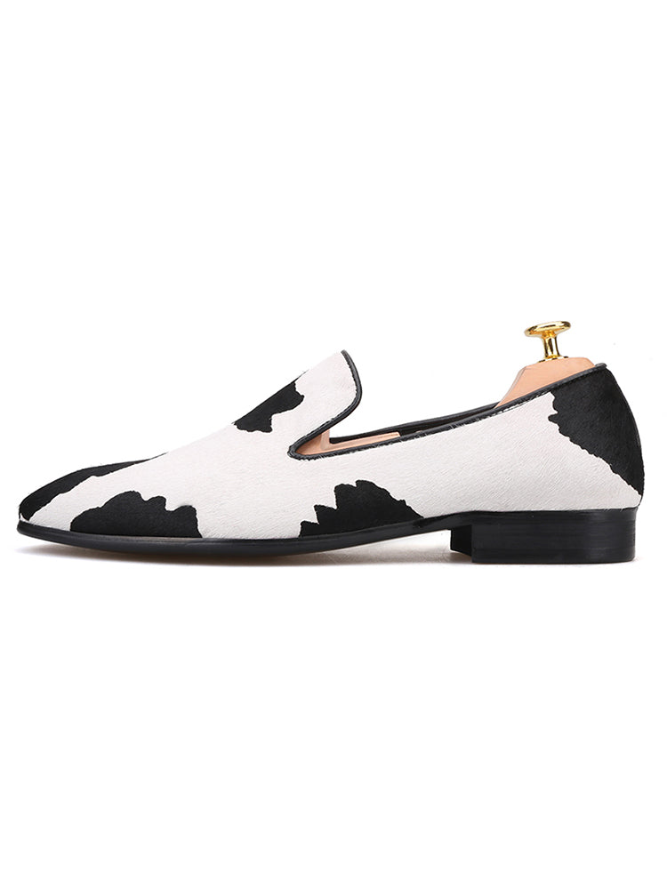 New black and white stitching horse hair handmade loafers trendy party slip-on banquet shoes slip-on smoking shoes