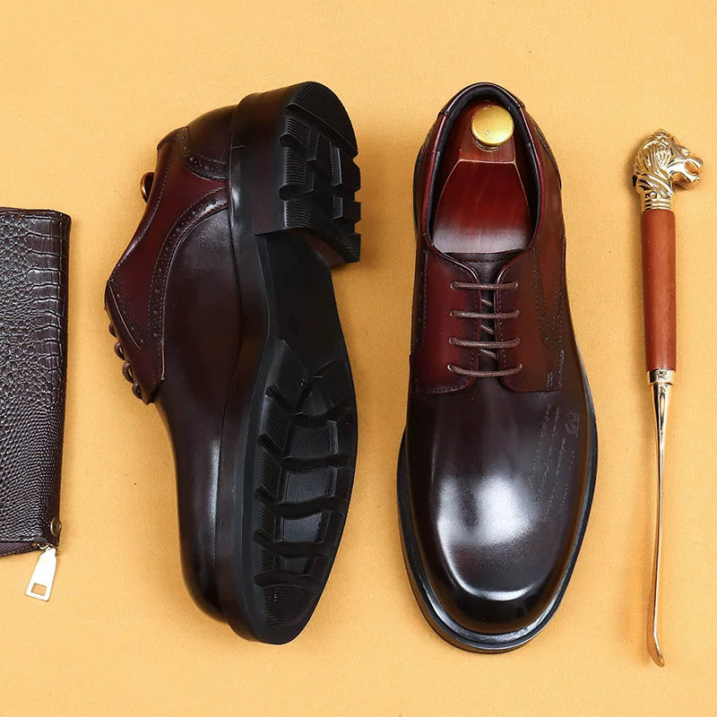 Men's Genuine Leather Derby Shoes, Thick Sole, Round Toe