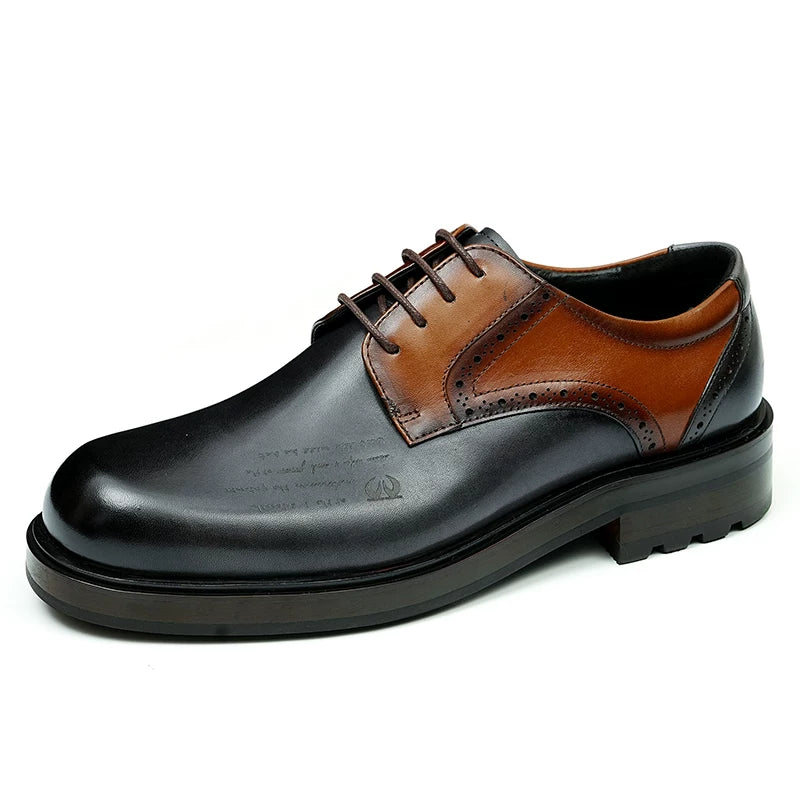 Men's Genuine Leather Derby Shoes, Thick Sole, Round Toe