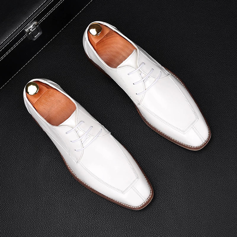 Men's White Derby Shoes, Height Increasing, Square Toe
