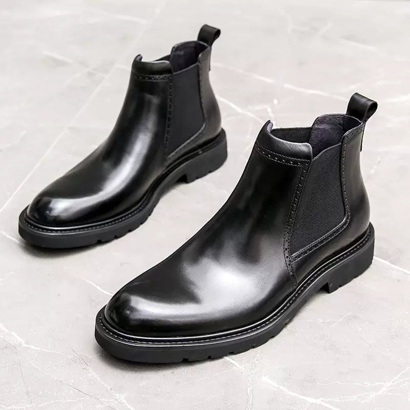 Men's Genuine Leather Martin Boots, Thick Sole, Round Toe