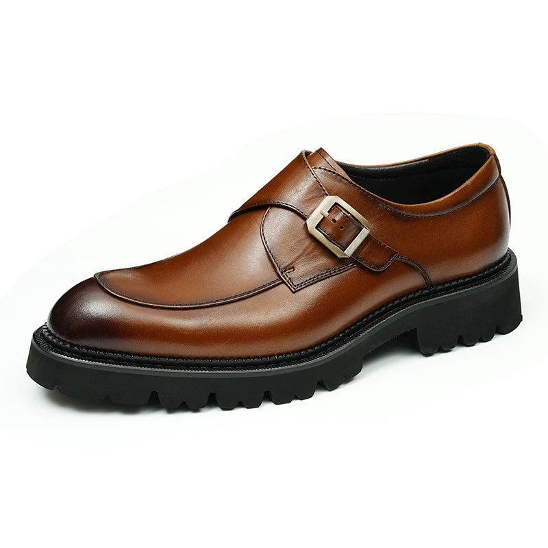 Men's Brown Genuine Leather Wedding Shoes, Thick Sole, Pointed Toe