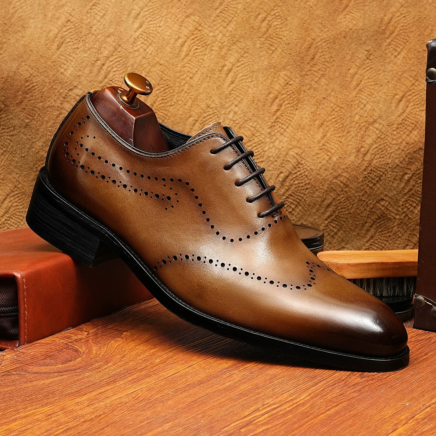 Men's Brown Genuine Leather Oxford Shoes, Handmade, British Style
