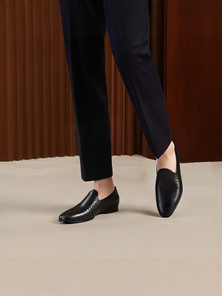 European and American style first-layer calfskin men's classic slip-on loafers with hollow design, summer breathable lazy shoes trend