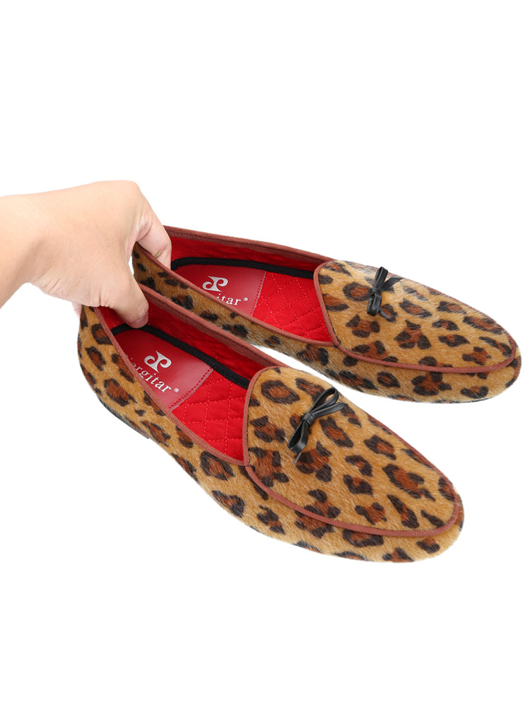 New European and American export wild leopard pattern men's loafers handmade genuine leather small bow tie slip-on shoes for men