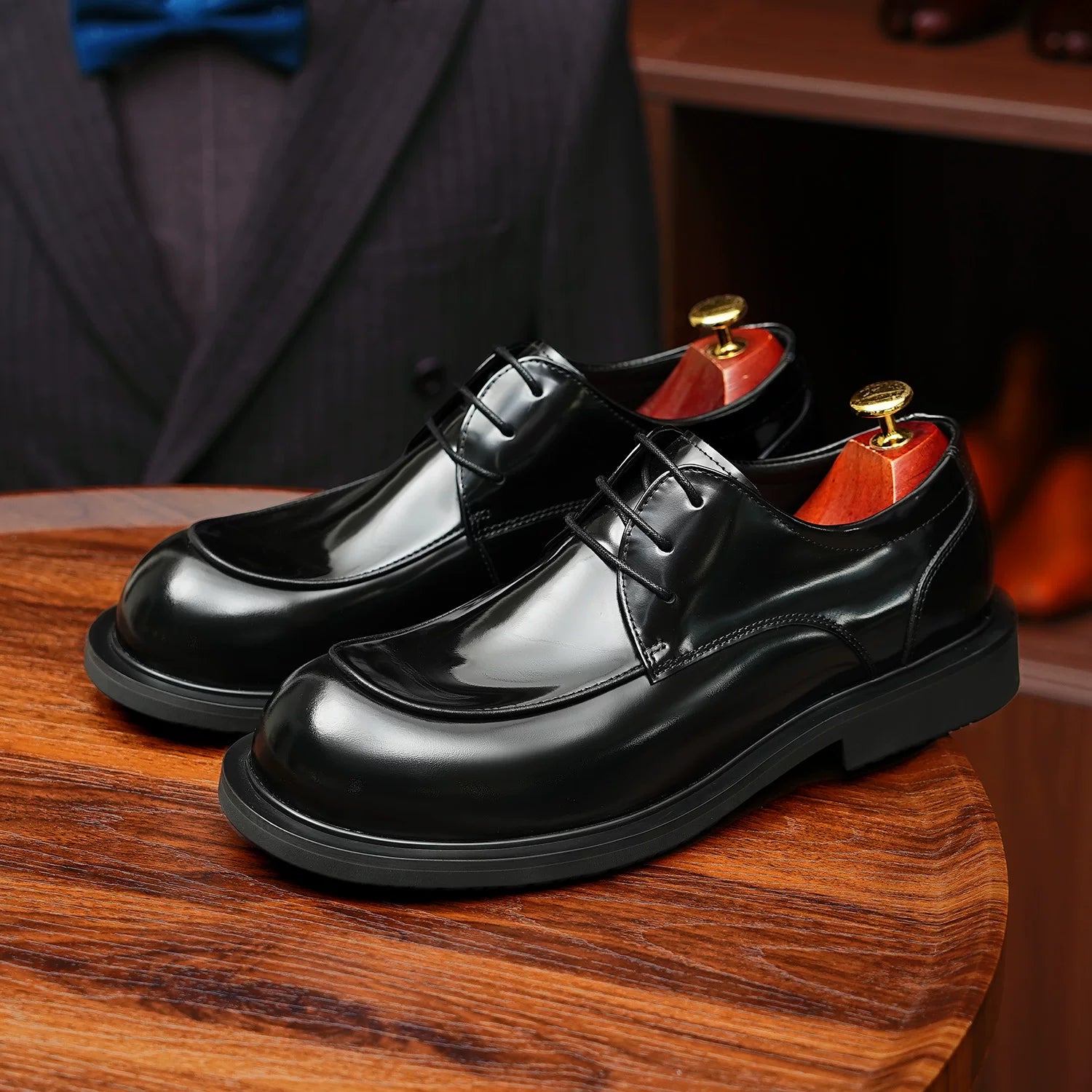Men's Genuine Leather Derby Shoes, Round Toe, Glossy