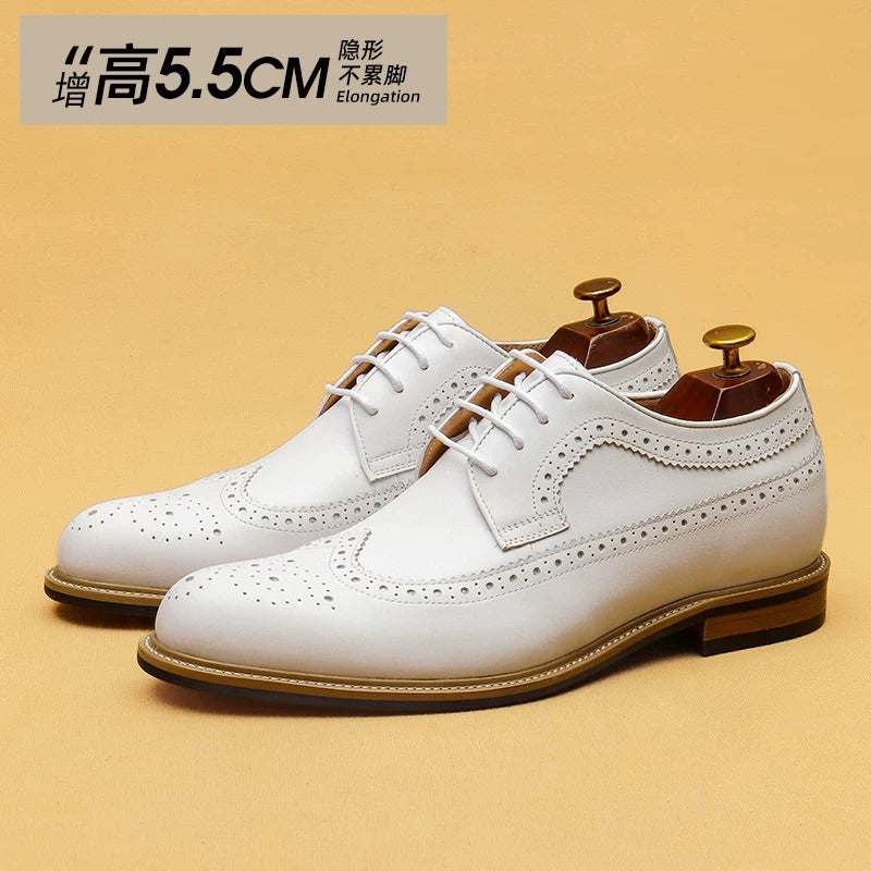 Men's White Genuine Leather Leather Shoes, Height Increasing, Business