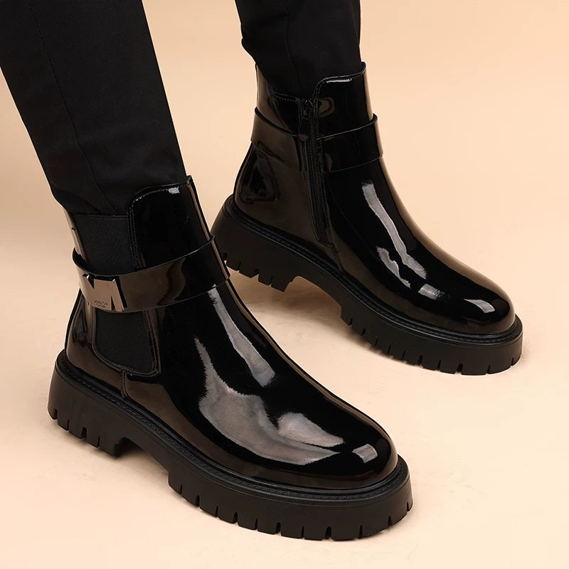 Men's Patent Leather Martin Boots, Height Increasing, Thick Sole