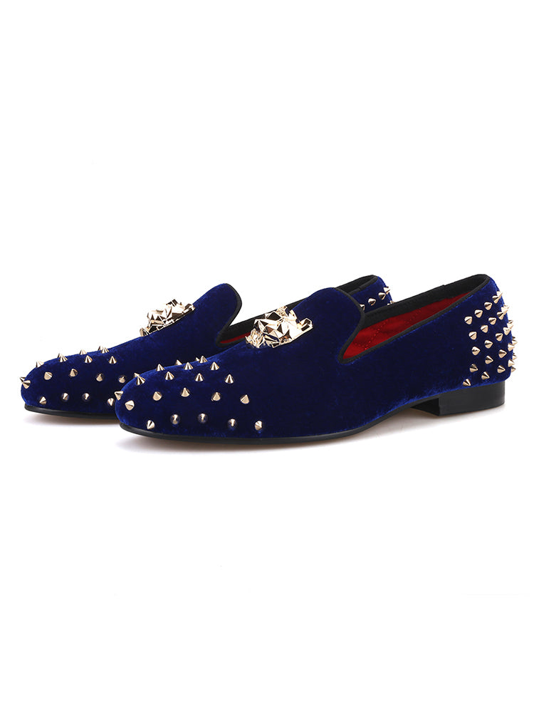 New European and American big-name PP tiger head buckle men's loafers handmade front and rear rivets velvet slip-on shoes