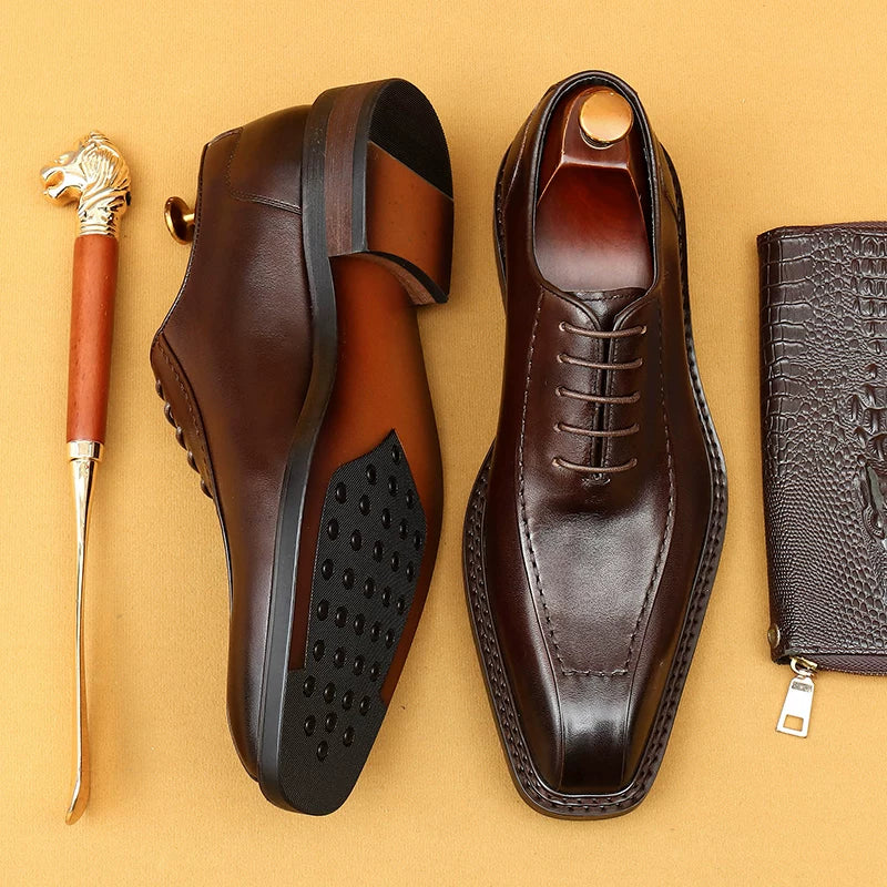 Men's Genuine Leather Leather Shoes, Square Toe, British Style