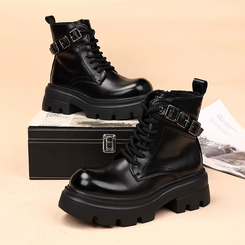 Men's Genuine Leather Martin Boots, Height Increasing, Thick Sole