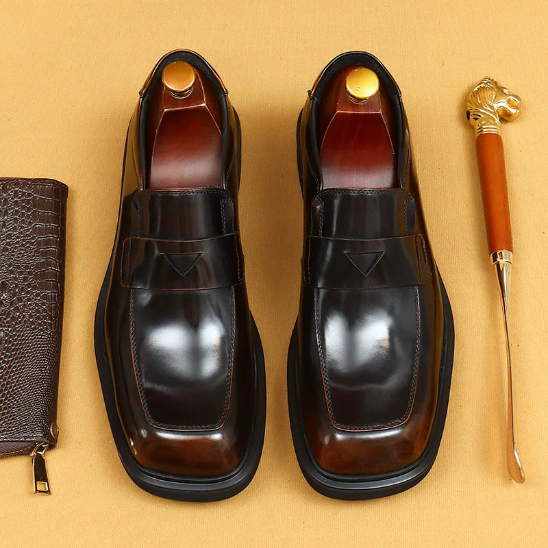 Men's Genuine Leather Loafers, Square Toe, Slip-On