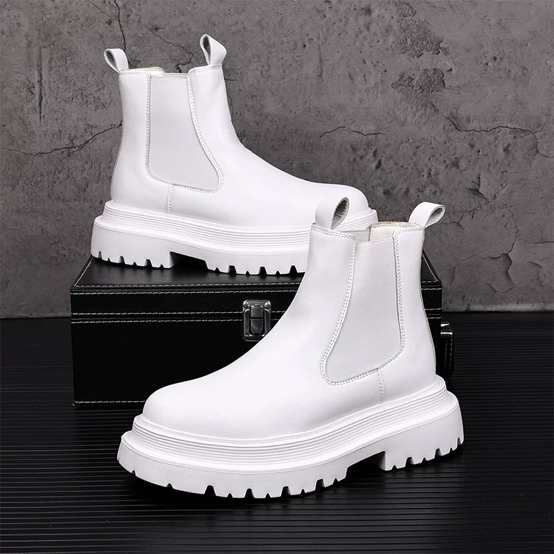 Men's White Chelsea Boots, Height Increasing, Thick Sole