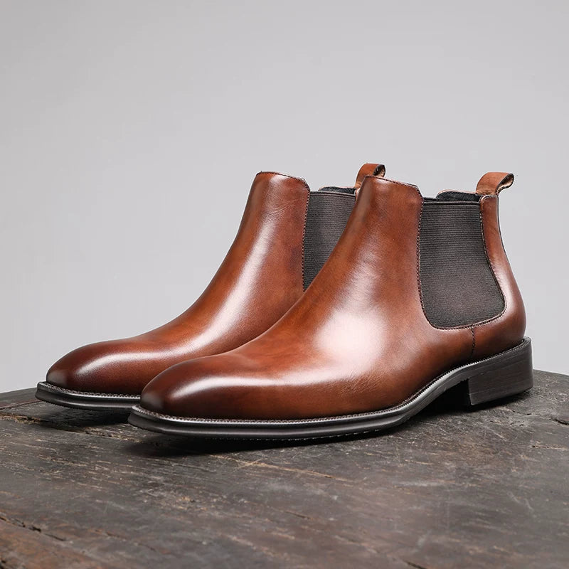 Men's Genuine Leather Chelsea Boots, Handmade, Square Toe