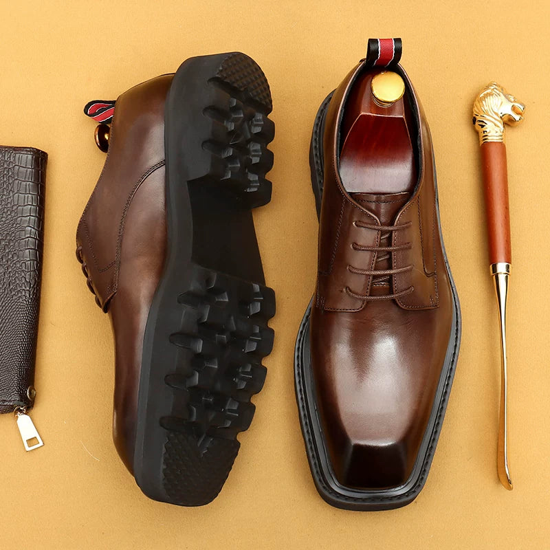 Men's Black Genuine Leather Derby Shoes, Height Increasing, Thick Sole