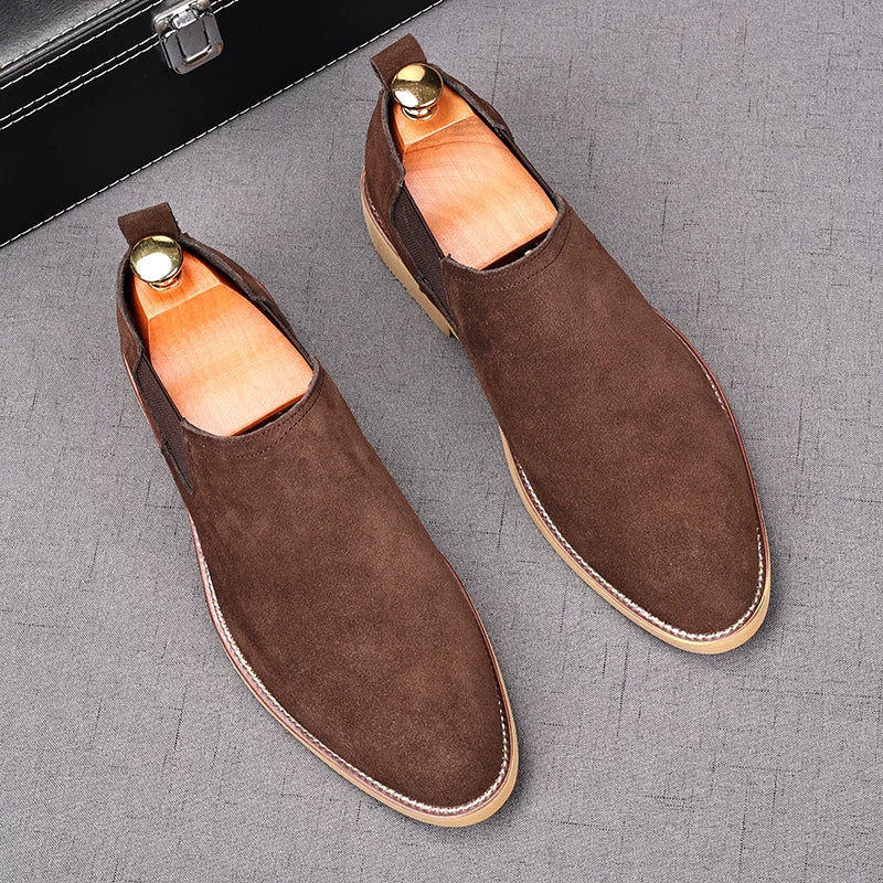 Men's Brown Genuine Leather Chelsea Boots, Height Increasing, Slip-On
