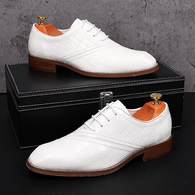 Men's White Leather Shoes, Height Increasing, Square Toe