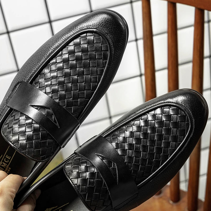 Men's Black Genuine Leather Loafers, Slip-On, Woven