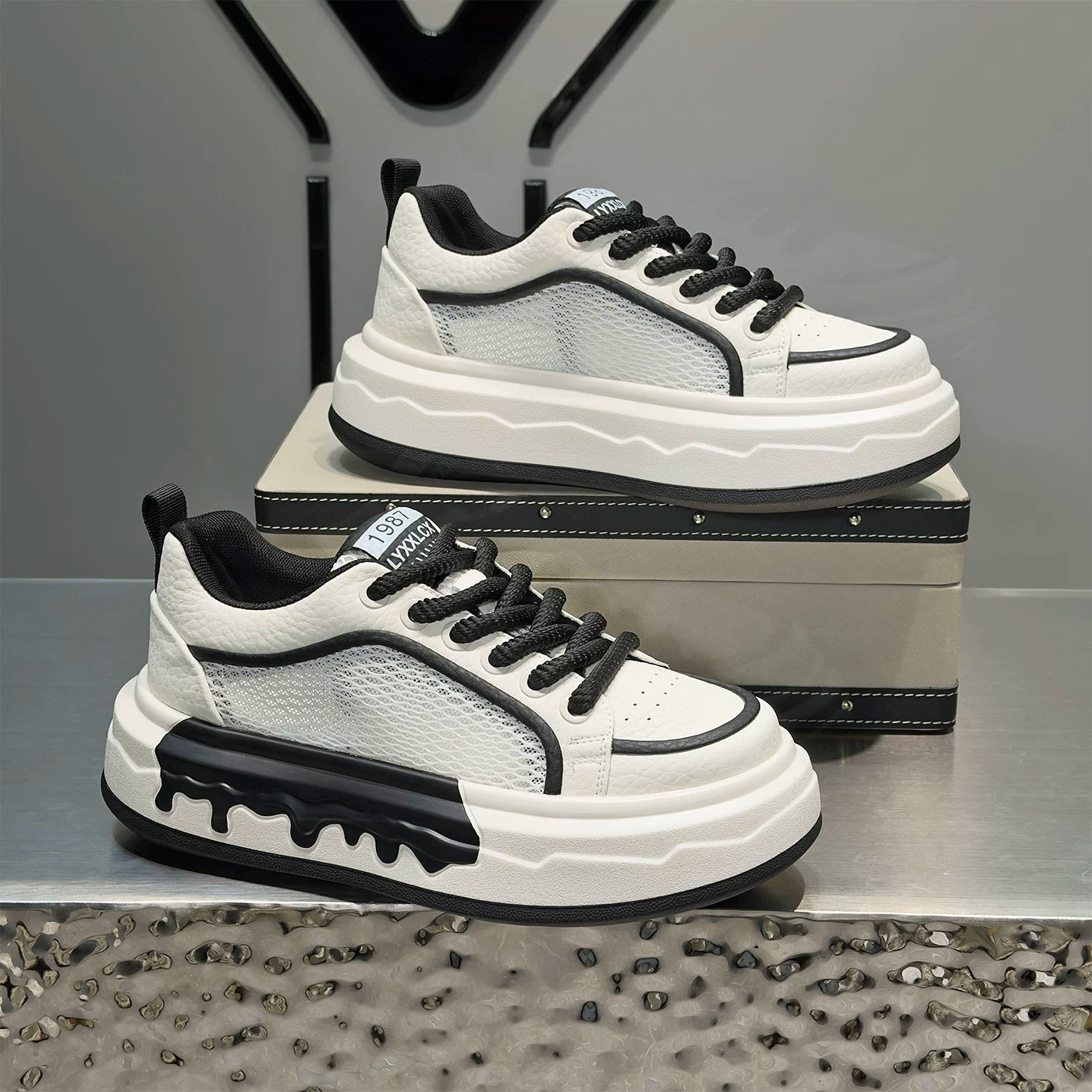 Men's Height-Increasing Platform Breathable Mesh Cut-Out White Sneakers Summer New