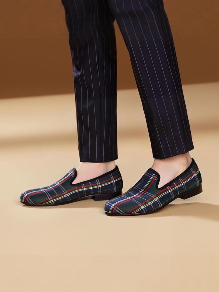 Handmade breathable leather-lined men's shoes, fashionable smoking shoes, European style Scottish plaid loafers