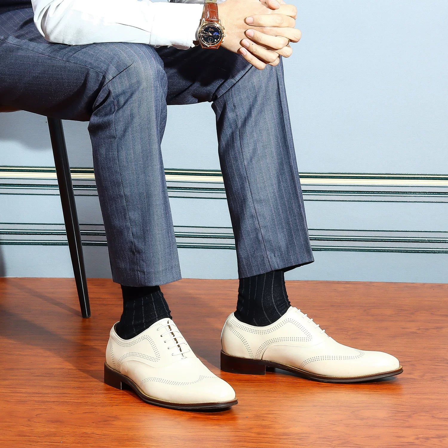 Men's White Genuine Leather Leather Shoes, British Style, Business