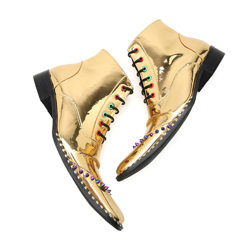 Men's Gold Leather Martin Boots – Lace-Up, Height Increasing
