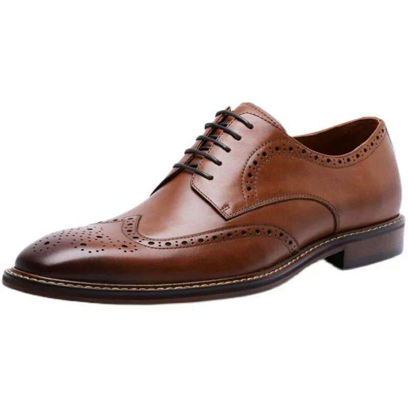 Men's Brown Genuine Leather Wedding Shoes, Height Increasing, British Style
