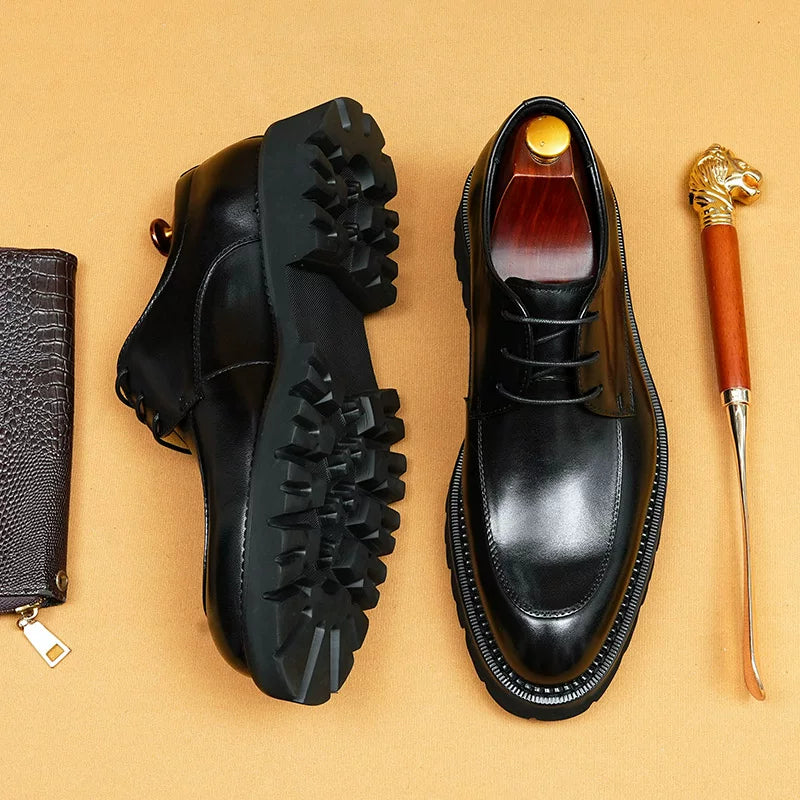 Men's Genuine Leather Derby Shoes, Thick Sole, Pointed Toe