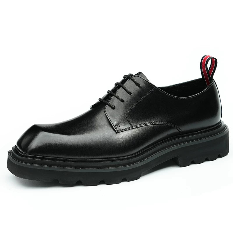 Men's Black Genuine Leather Derby Shoes, Height Increasing, Thick Sole