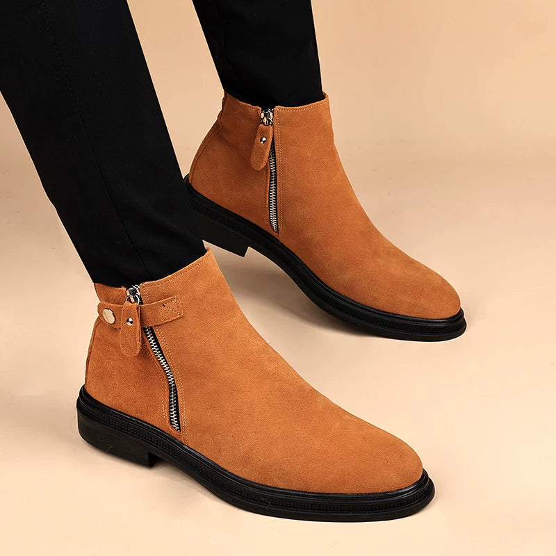Men's Genuine Leather Martin Boots, Height Increasing, Pointed Toe