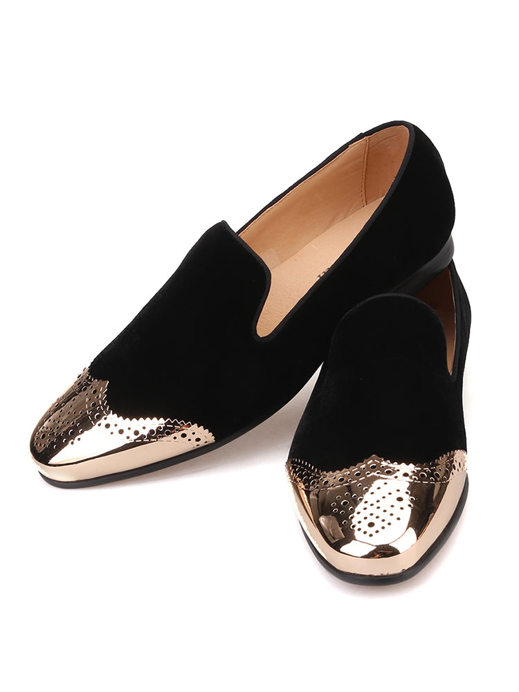 Piergitar black velvet front brogue punched copper buckle men's handmade loafers British smoking shoes