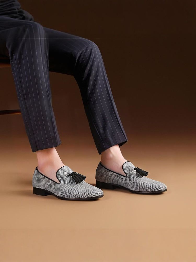 European and American style three-color houndstooth men's tassel loafers, party formal wear, smoking shoes, perfect match for casual suits