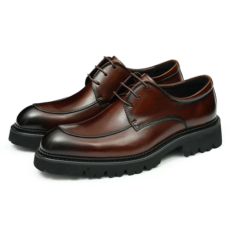 Men's Genuine Leather Derby Shoes, Thick Sole, Pointed Toe