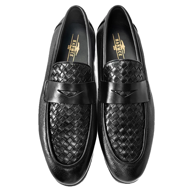 Men's Black Genuine Leather Loafers, Slip-On, Woven