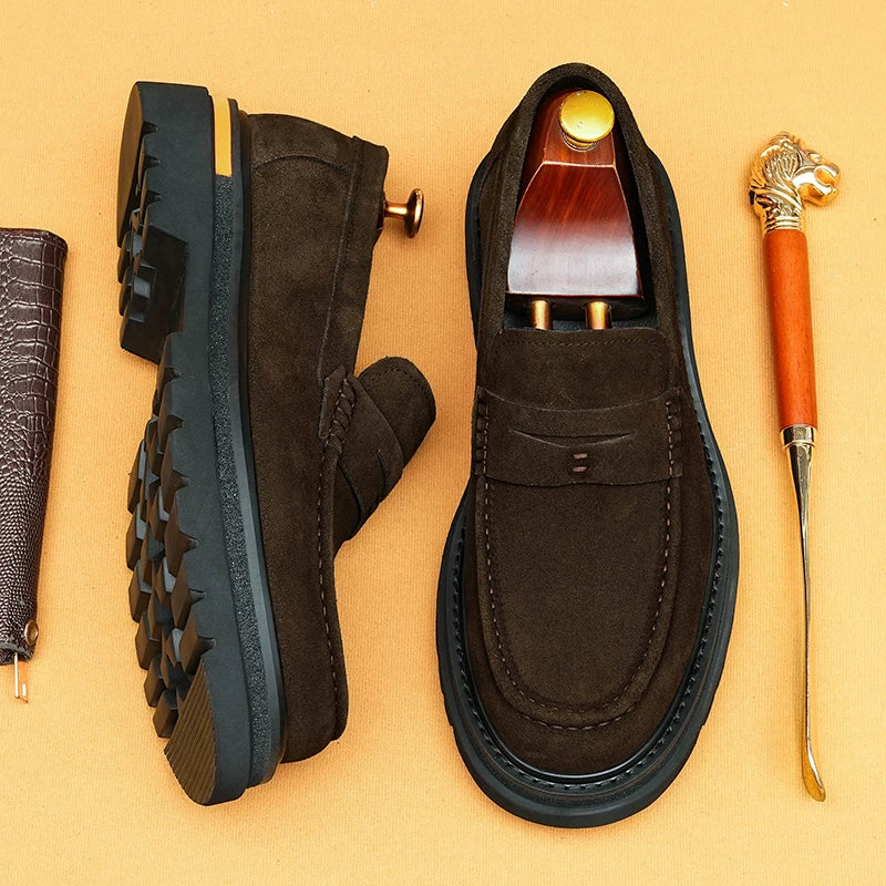 Men's Genuine Leather Loafers, Height Increasing, Thick Sole