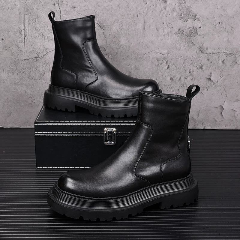 Men's Genuine Leather Martin Boots, Height Increasing, Thick Sole