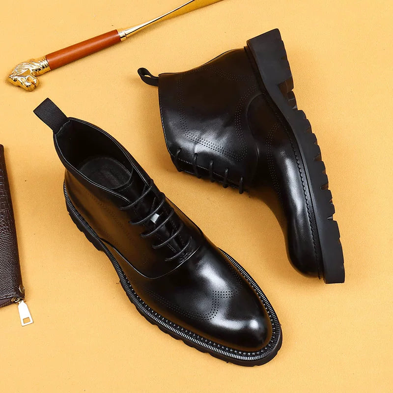 Men's Genuine Leather Martin Boots, Height Increasing, Thick Sole