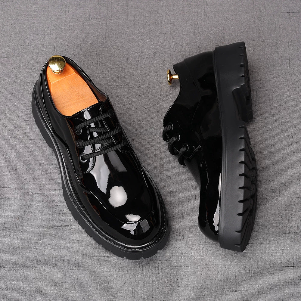 Men's Patent Leather Derby Shoes, Height Increasing, Thick Sole